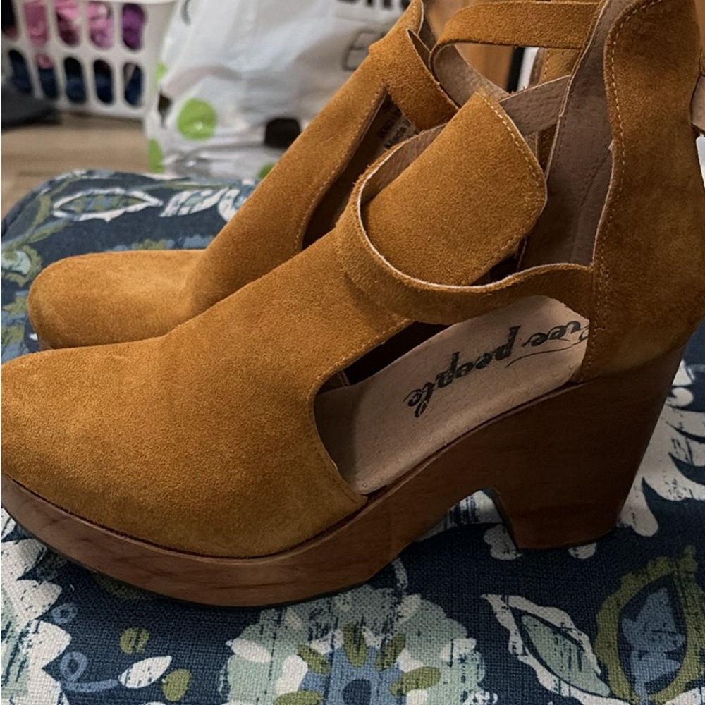 Free People Mustard Suede Platform Ankle Strap Heels